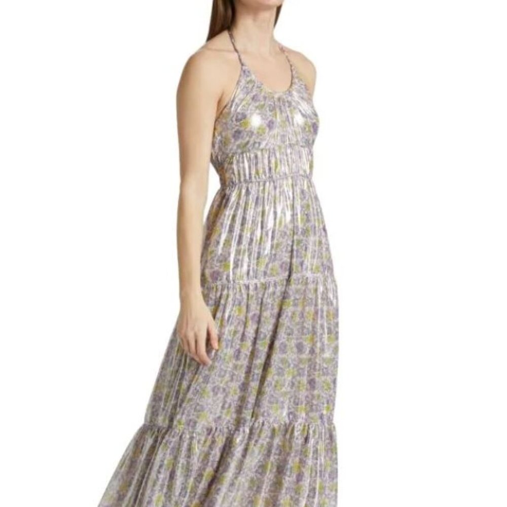 DEREK LAM Athena Coated Floral Halter Maxi Dress